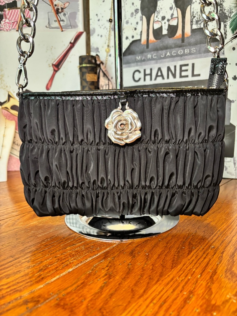 Brighton Cami Pouch E95003 Black Ruched Satin Evening Bag NWT Rose Charm